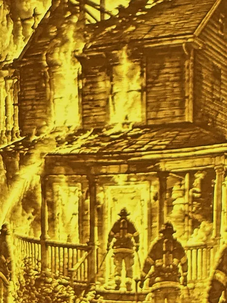 Close-up of the lit Fully Involved shade: burning house
