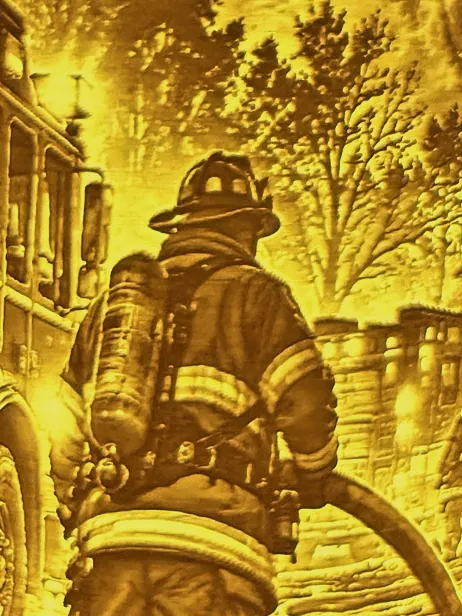 Close-up of the lit Fully Involved shade: firefighter on the hose line