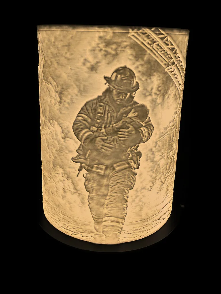 A lit lithophane lamp: The Inferno, a firefighter carrying a child