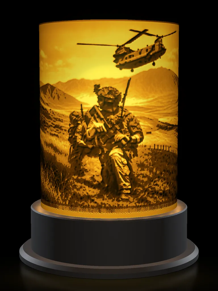 Dustoff lithophane lamp, lit amber