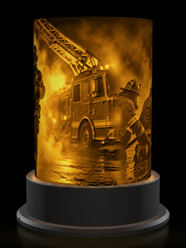 The Inferno lithophane lamp, lit amber