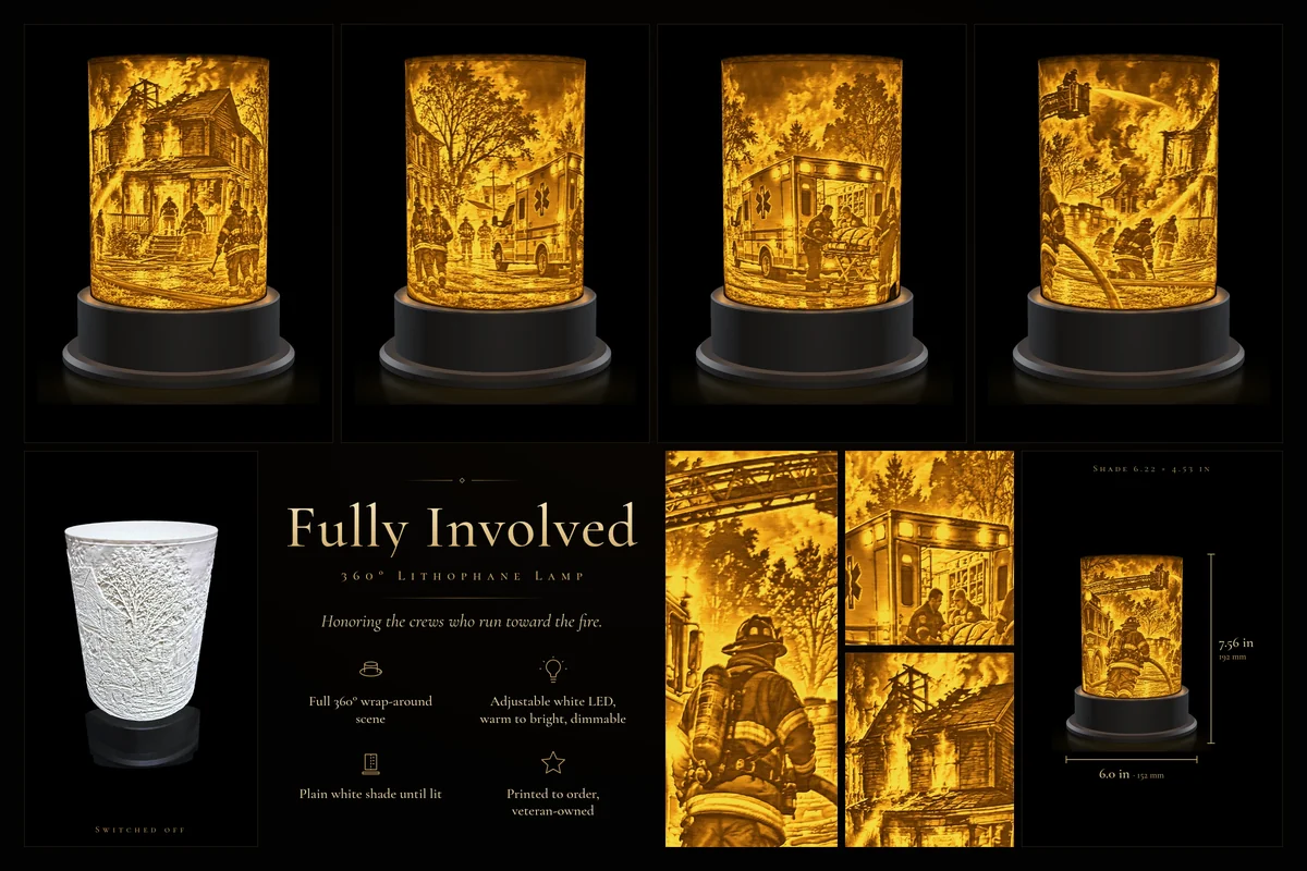 Fully Involved 360° lithophane lamp: lit views, unlit relief, details and dimensions