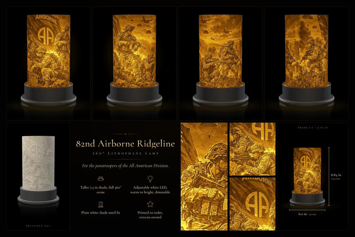 82nd Airborne Ridgeline 360° lithophane lamp: lit views, unlit relief, details and dimensions