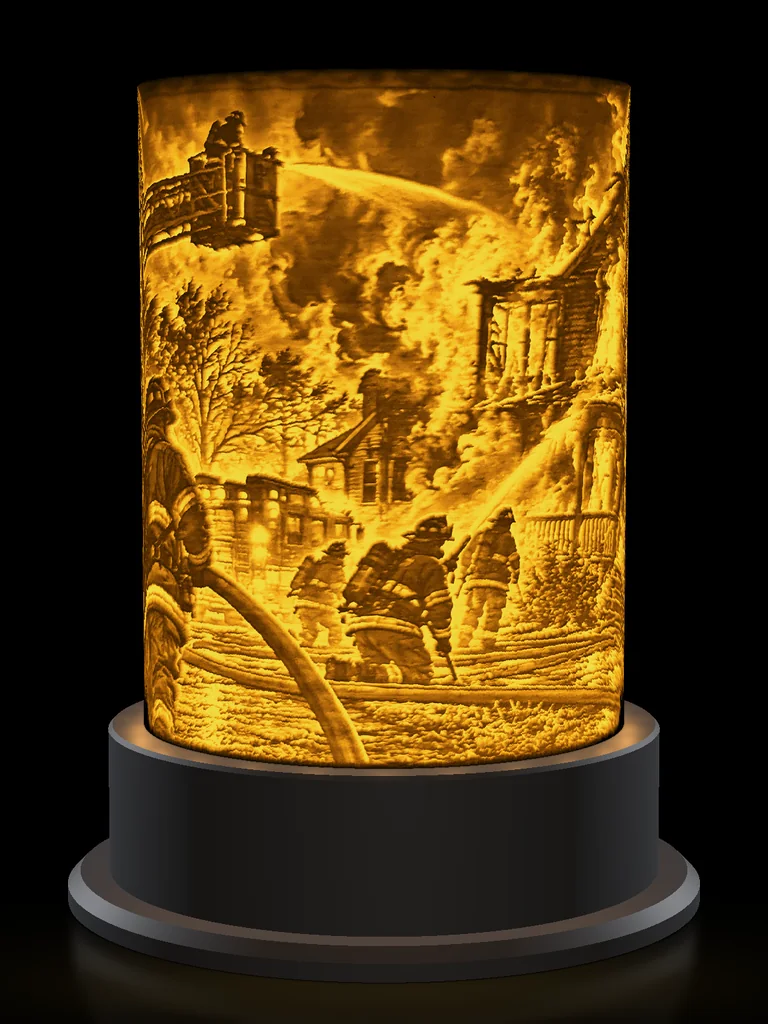 Fully Involved lithophane lamp, lit amber
