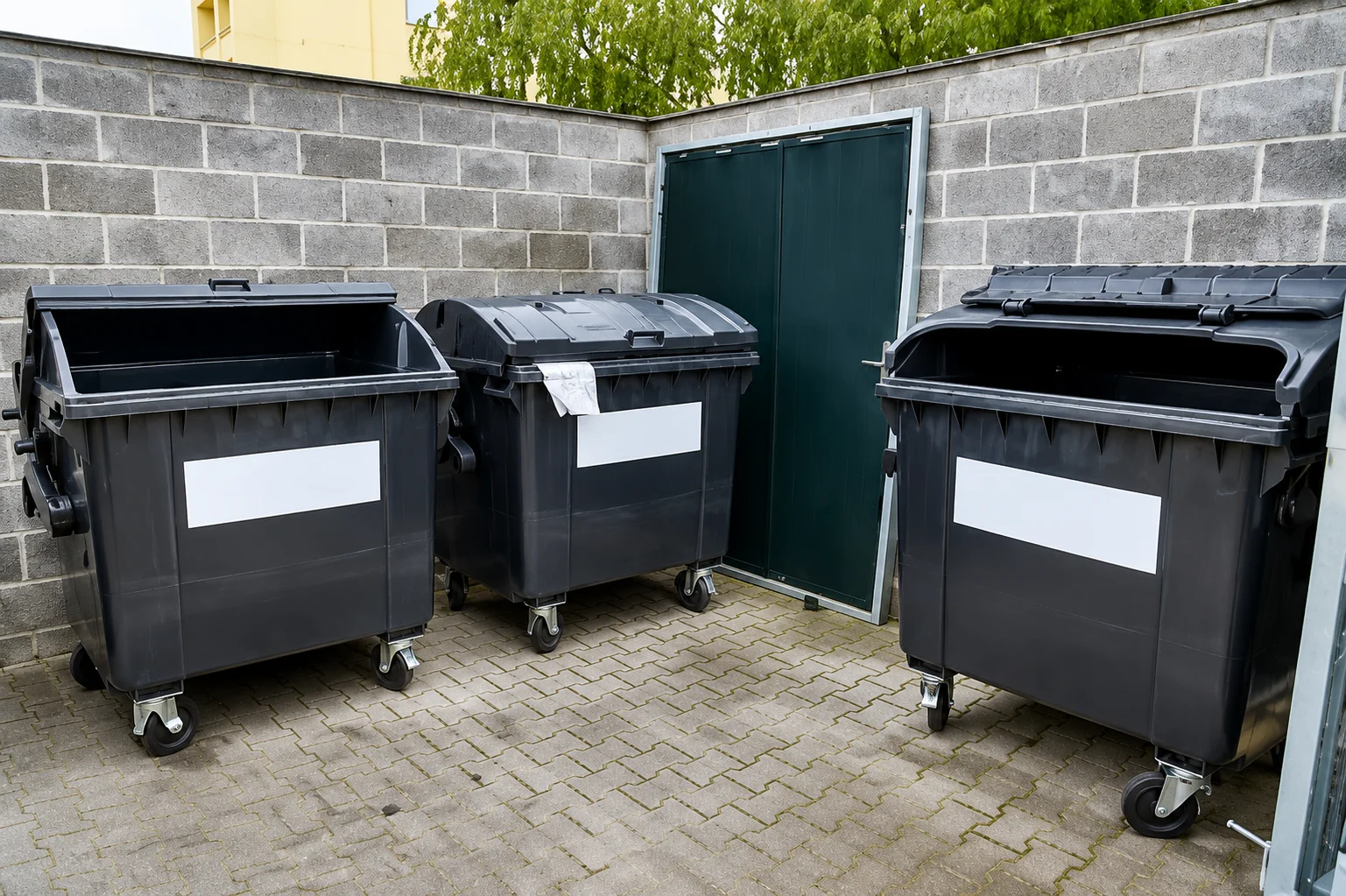three black waste management dumpsters with company logos sit on concrete next to a brick building.