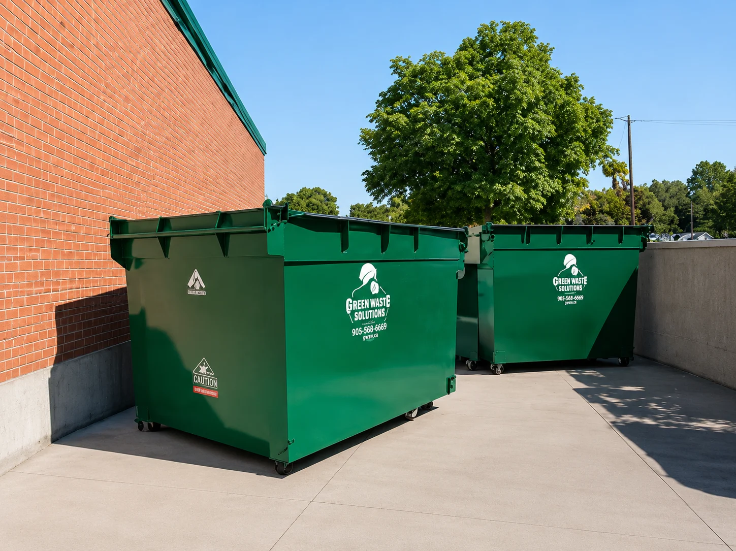 Two bright green waste management dumpsters with company logos sit on concrete next to a brick building.