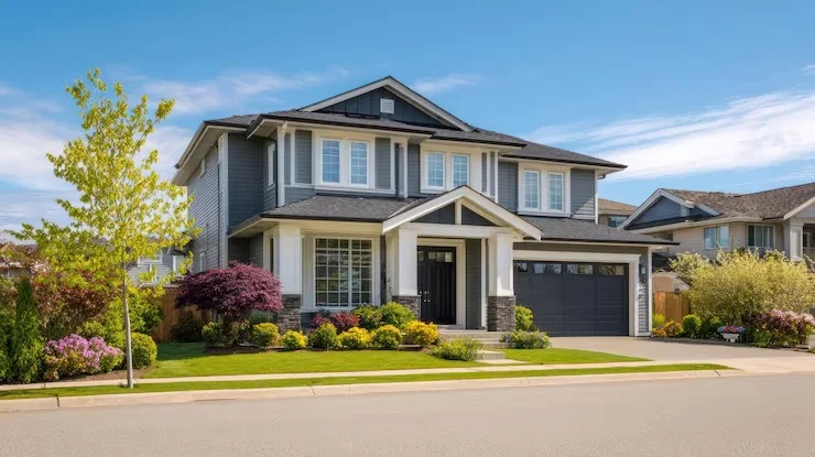 A modern suburban house with gray siding, white trim, a black front door, and a well-manicured lawn.