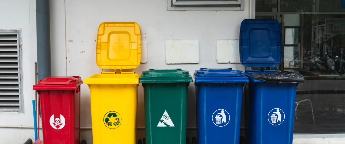 A line of five colorful waste bins, red, yellow, green, and two blue, against a building exterior with glass windows. A line of five colorful waste bins, red, yellow, green, and two blue, against a building exterior with glass windows.