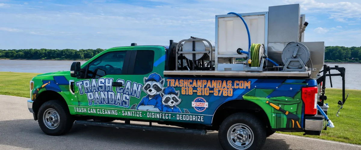 Side view of a green and blue 'Trash Can Pandas' cleaning truck with raccoons and cleaning equipment. Side view of a green and blue 'Trash Can Pandas' cleaning truck with raccoons and cleaning equipment.