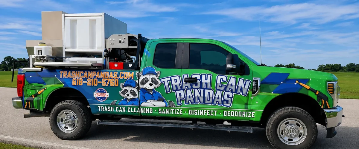 A bright green Ford Super Duty truck with a 'Trash Can Pandas' logo featuring two raccoons on the hood. A bright green Ford Super Duty truck with a 'Trash Can Pandas' logo featuring two raccoons on the hood.