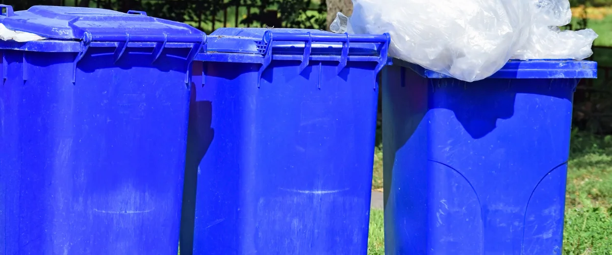 Three bright blue recycling bins standing in a row on a sunny day, with one overflowing with white trash bags. Three bright blue recycling bins standing in a row on a sunny day, with one overflowing with white trash bags.