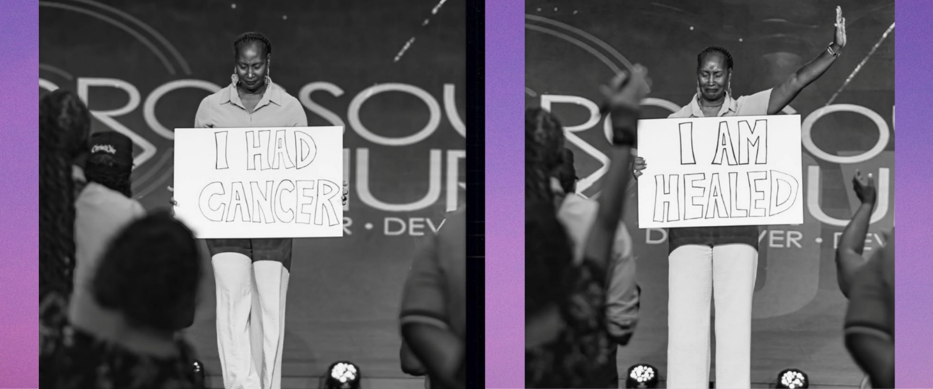 Emotional woman holding 2 signs saying "I Had Cancer" and "I Am Healed"
