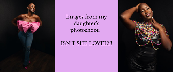 Two images of bald woman boldly smiling wearing big pink bow and colorful beads