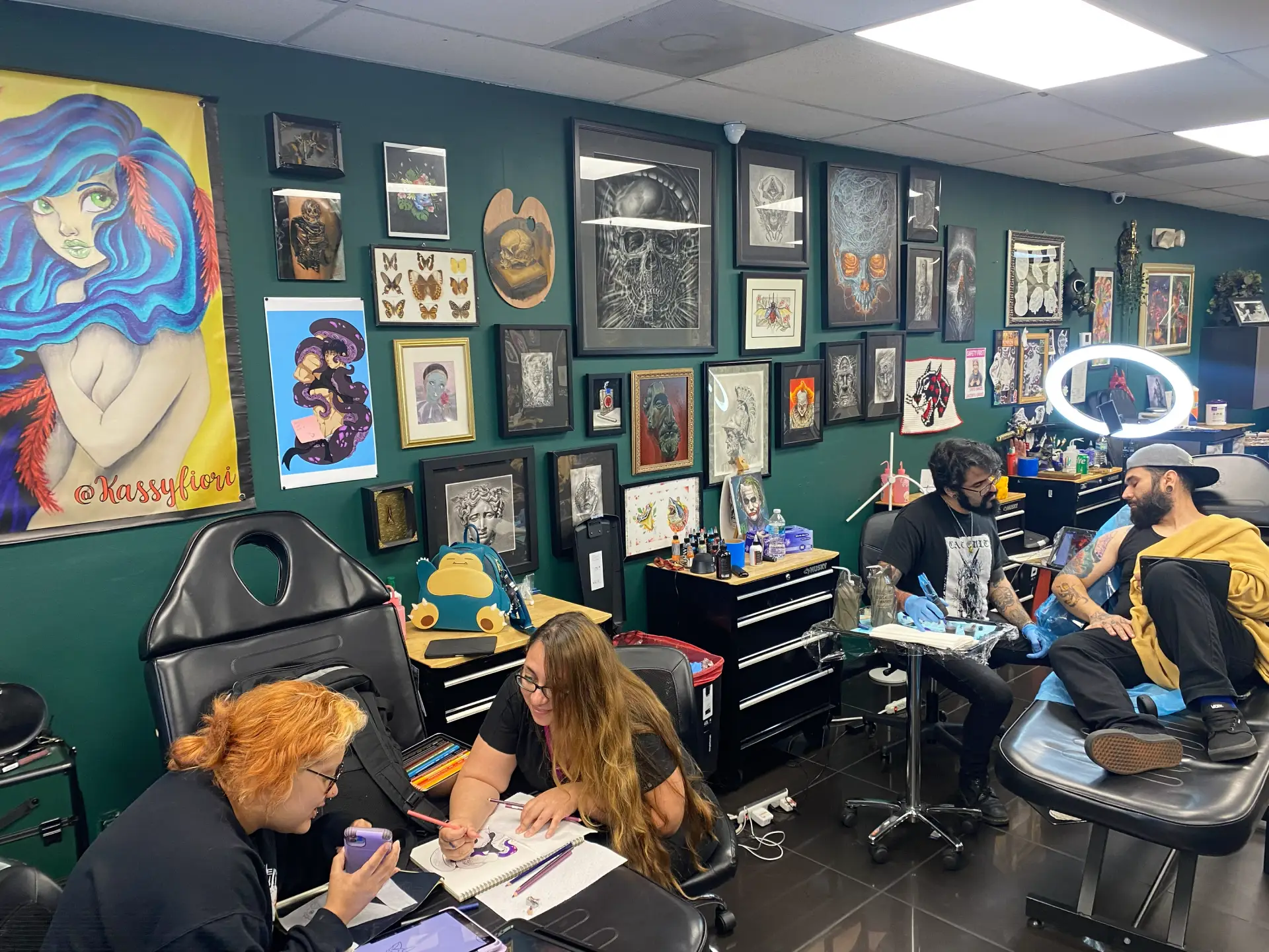Tattoo studio with artist workstations