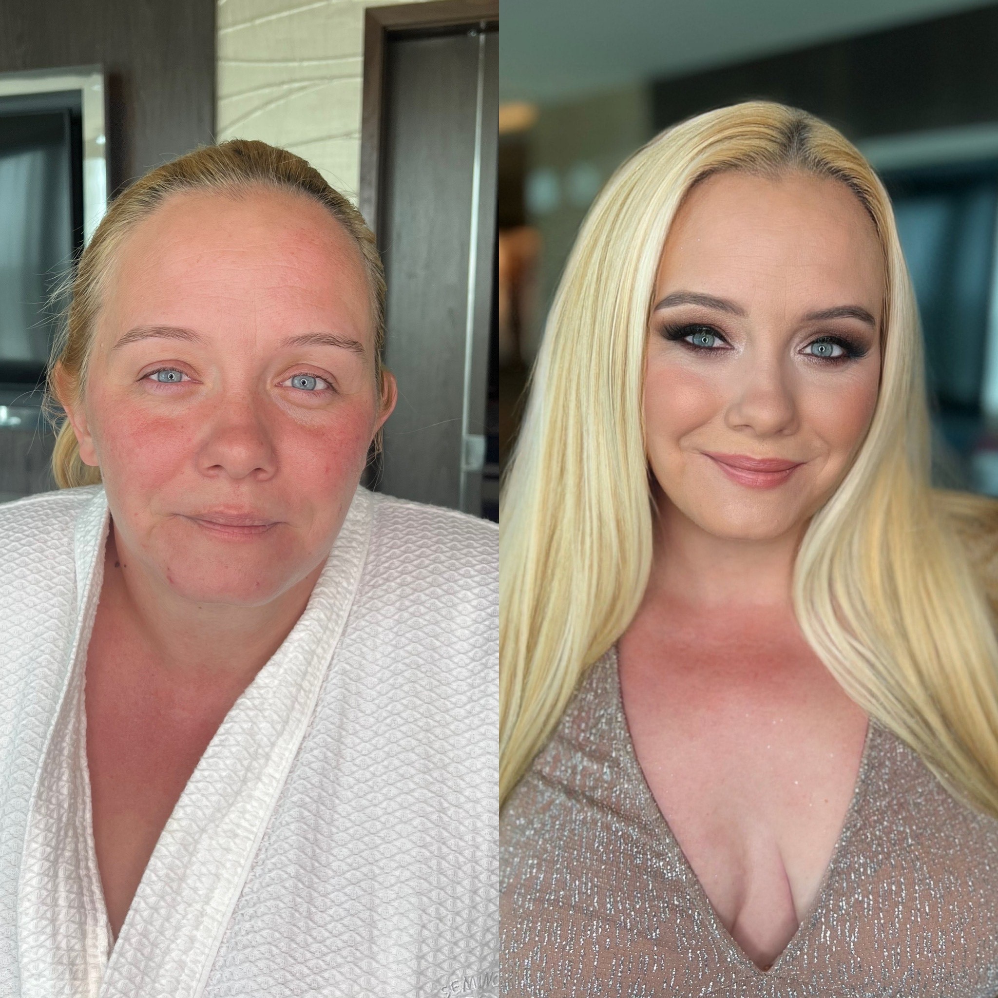 Before and after hair and makeup transformation by City Lights Beauty Agency