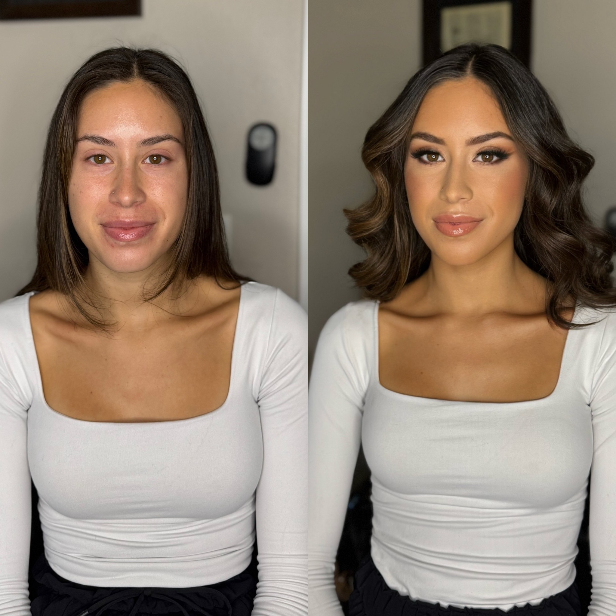 Before and after hair and makeup transformation by City Lights Beauty Agency