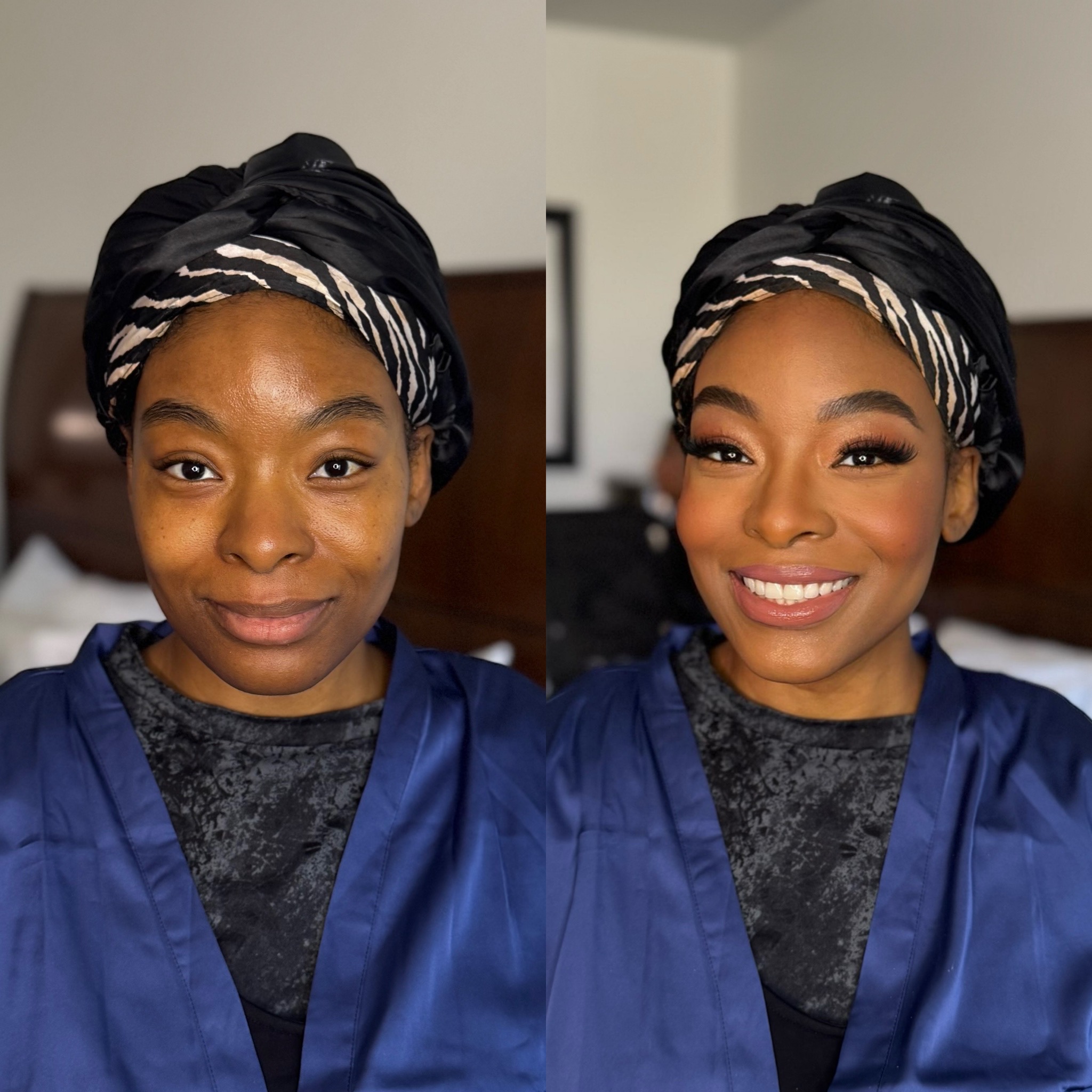 Before and after hair and makeup transformation by City Lights Beauty Agency