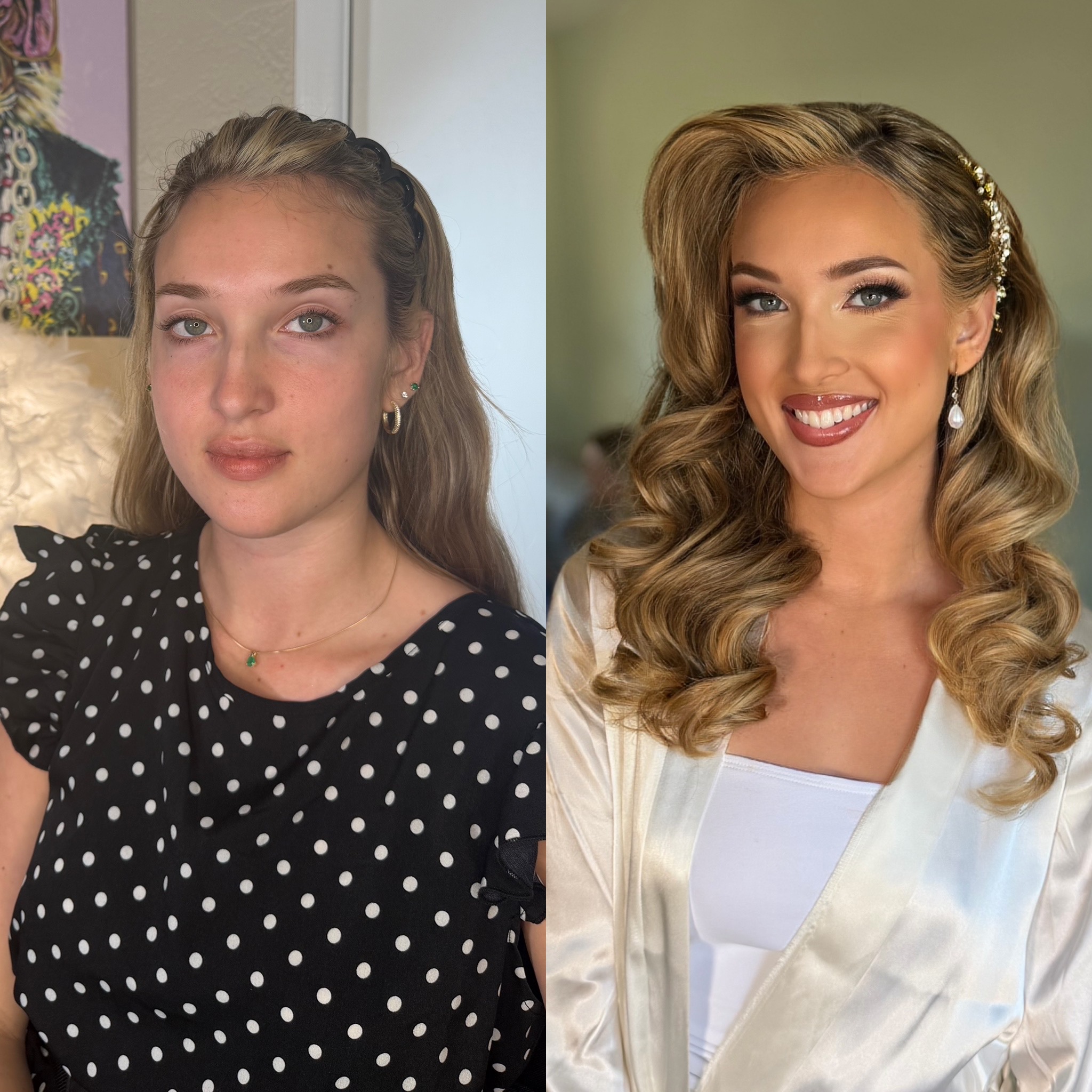 Before and after: bridal glam makeup with voluminous curls and a pearl hairpiece