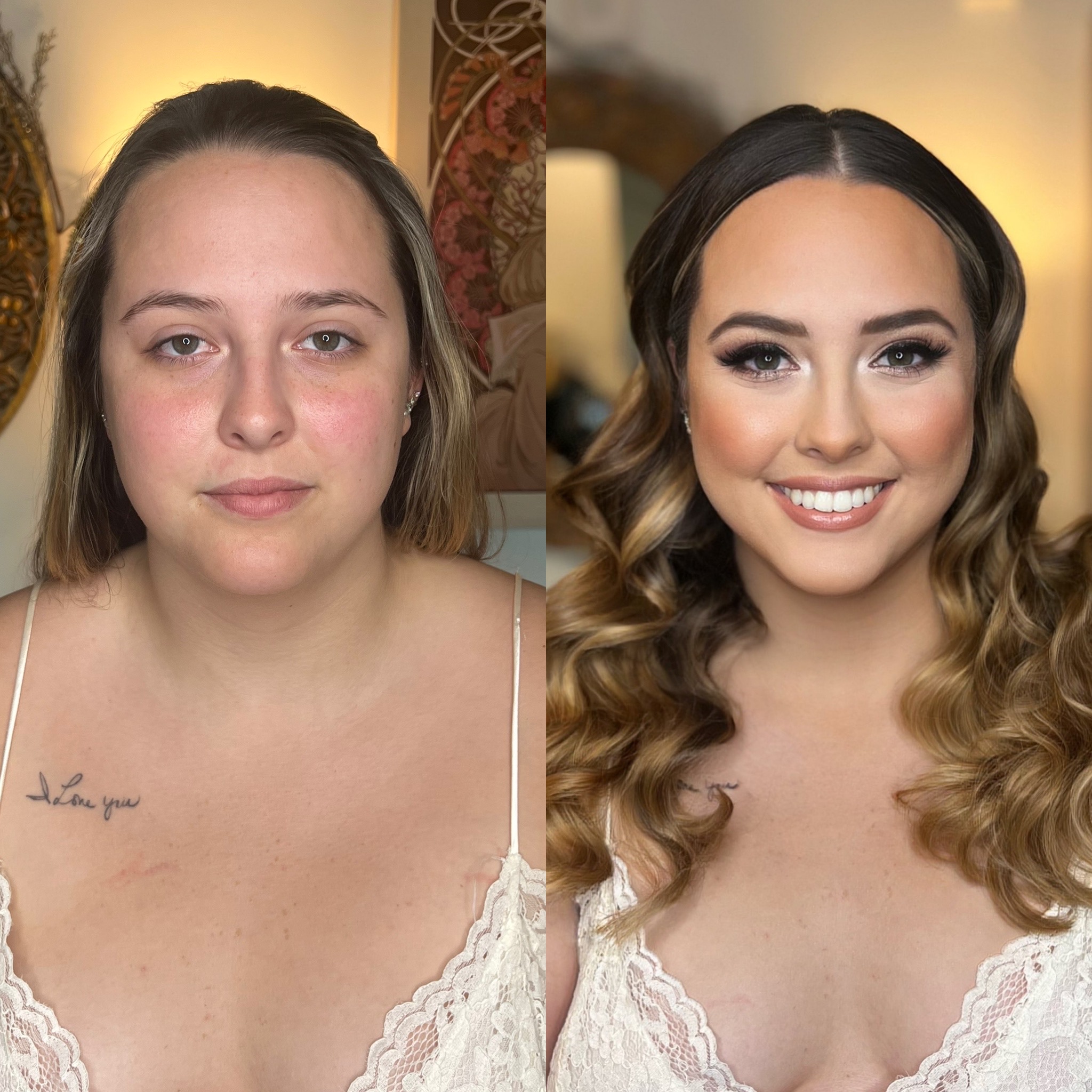 Before and after hair and makeup transformation by City Lights Beauty Agency