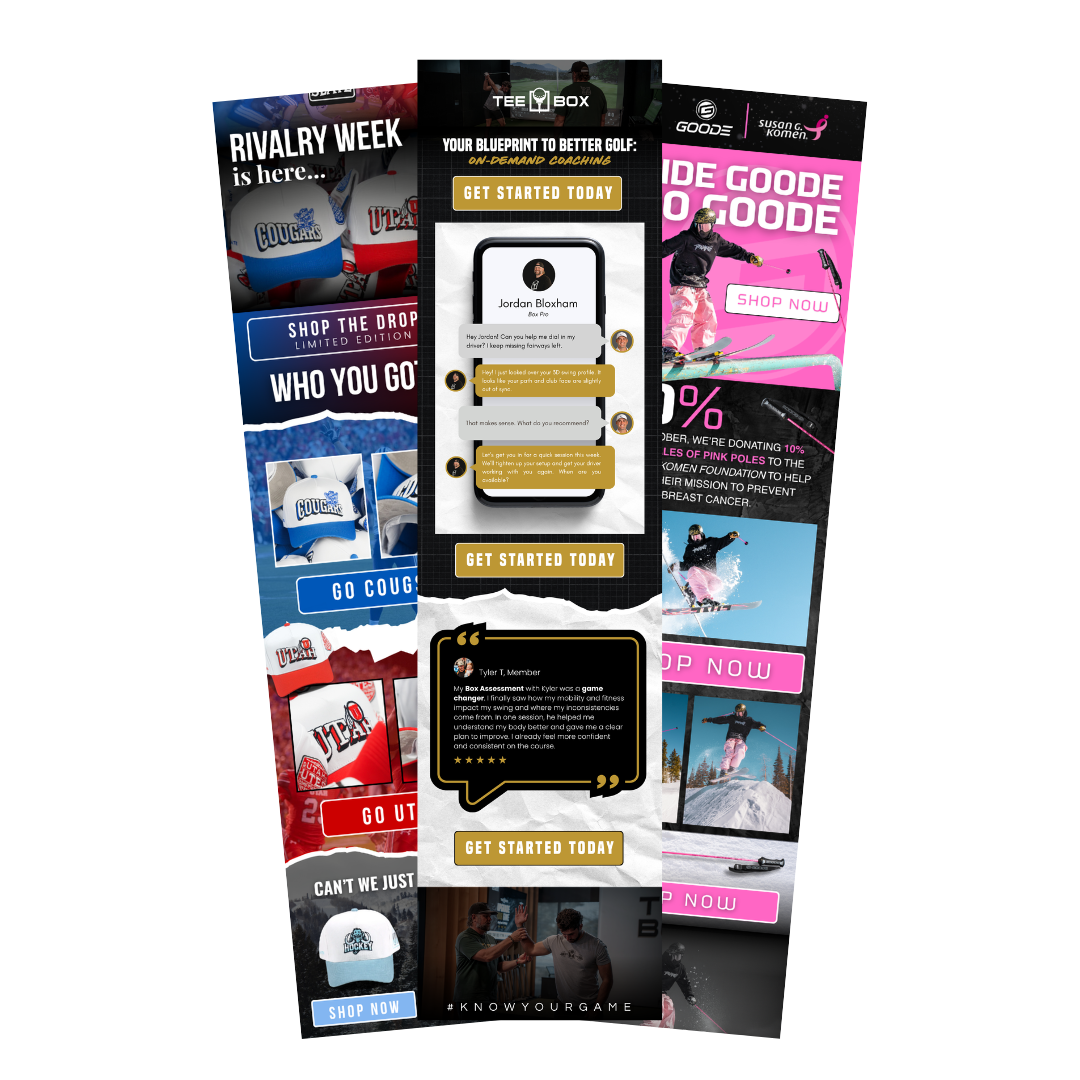 Example email campaign designs created by T2 Media for GOODE Skis, showcasing high-converting promotional layouts, product announcements, and e-commerce offers against a bold black and gold grunge background.
