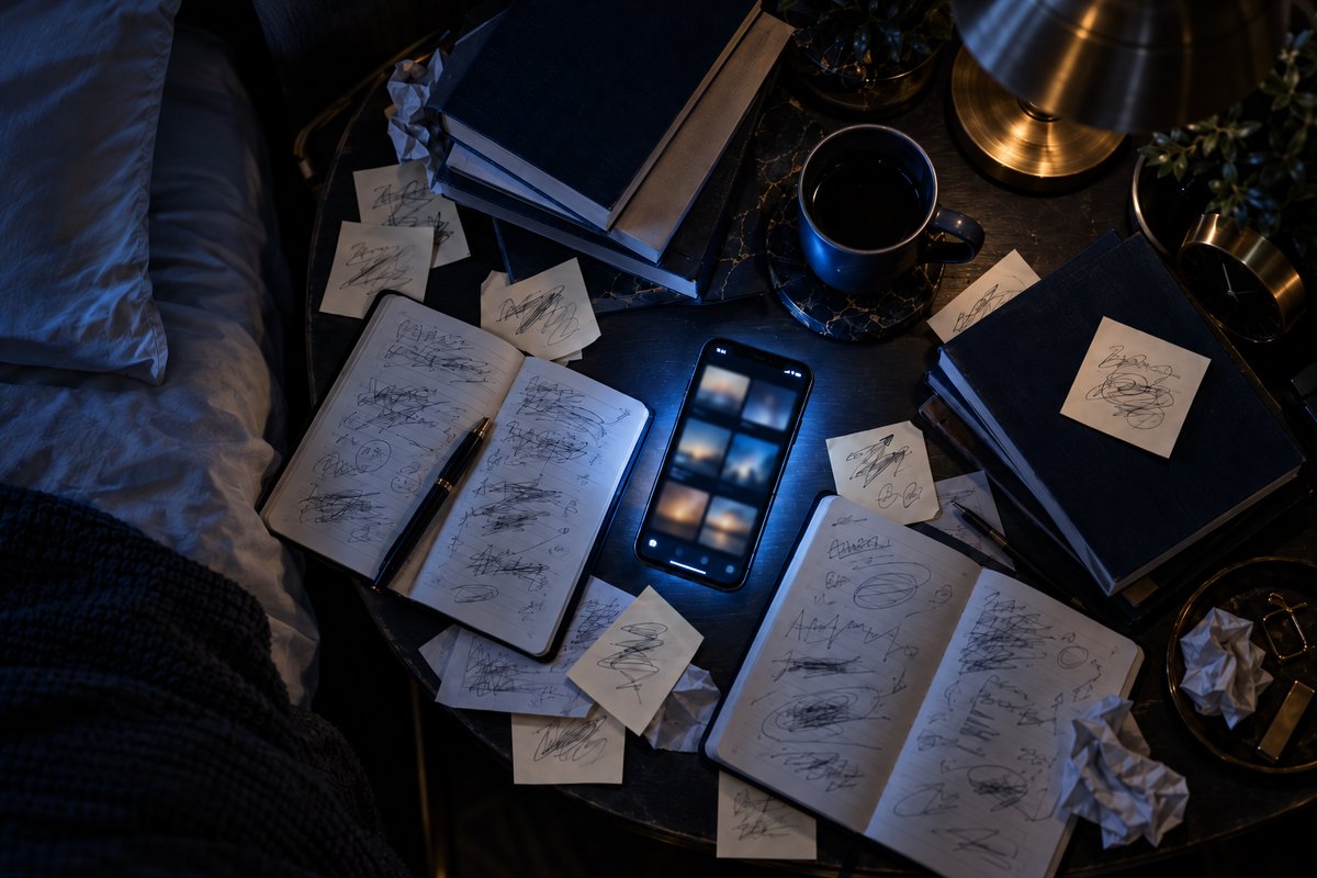 A cluttered nightstand covered in notebooks and technique lists