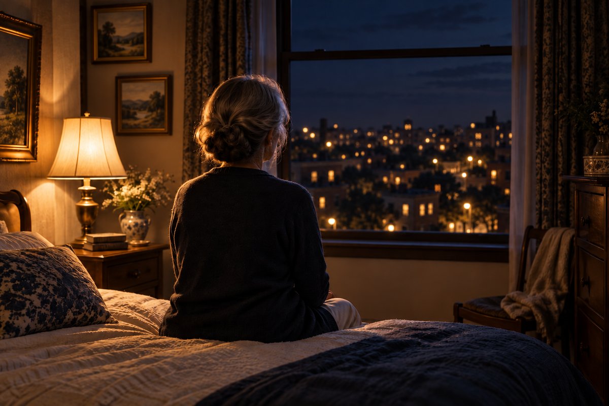 A woman seen from behind sitting on her bed at night