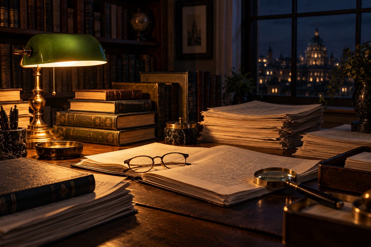 A desk stacked with old lecture transcripts under a lamp