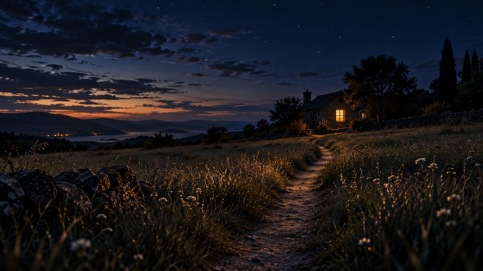 A single worn path through a meadow leading to a lit window