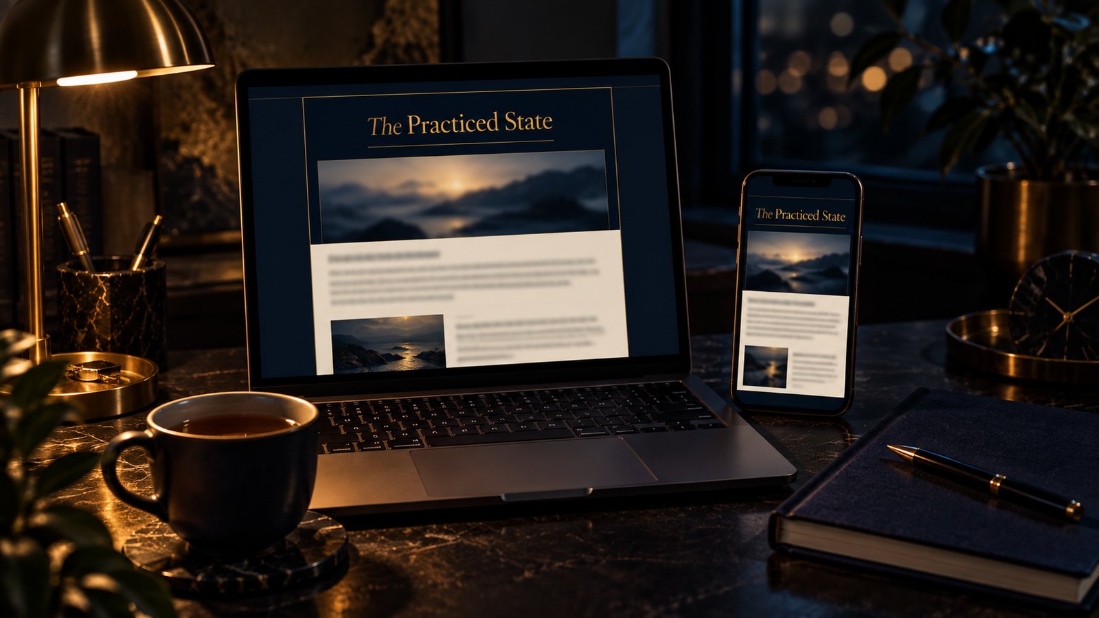 The Practiced State weekly issue on a laptop and phone