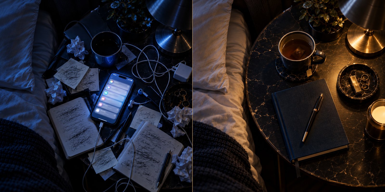 The same nightstand, restless on one side and calm on the other