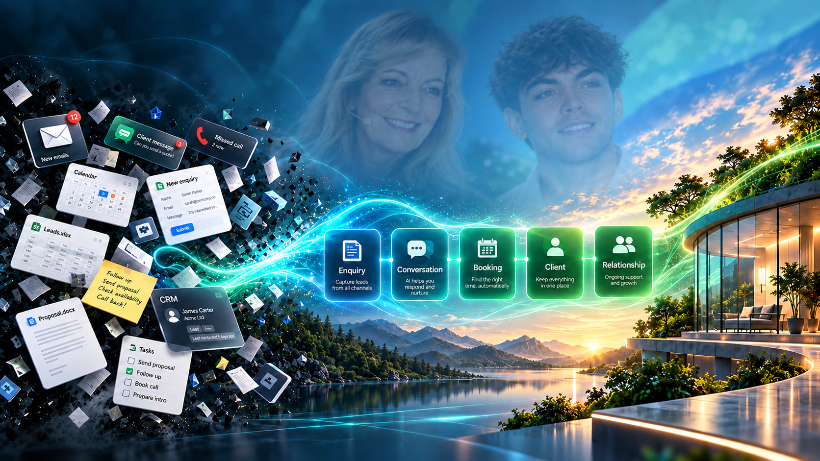Human-led AI transforming scattered business activity into a connected client journey