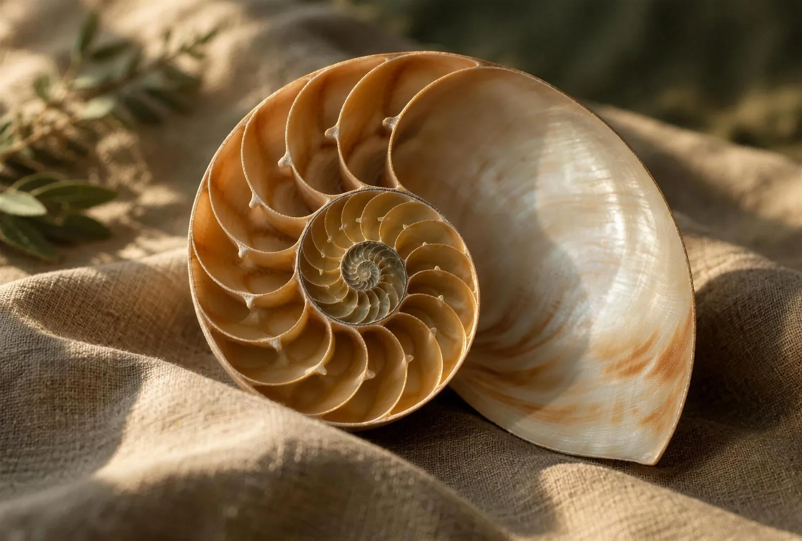 A nautilus shell cut in half, showing its spiral chambers