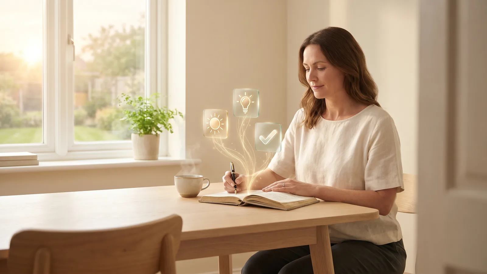A woman writing in a journal by a window as small glowing icons rise from the page