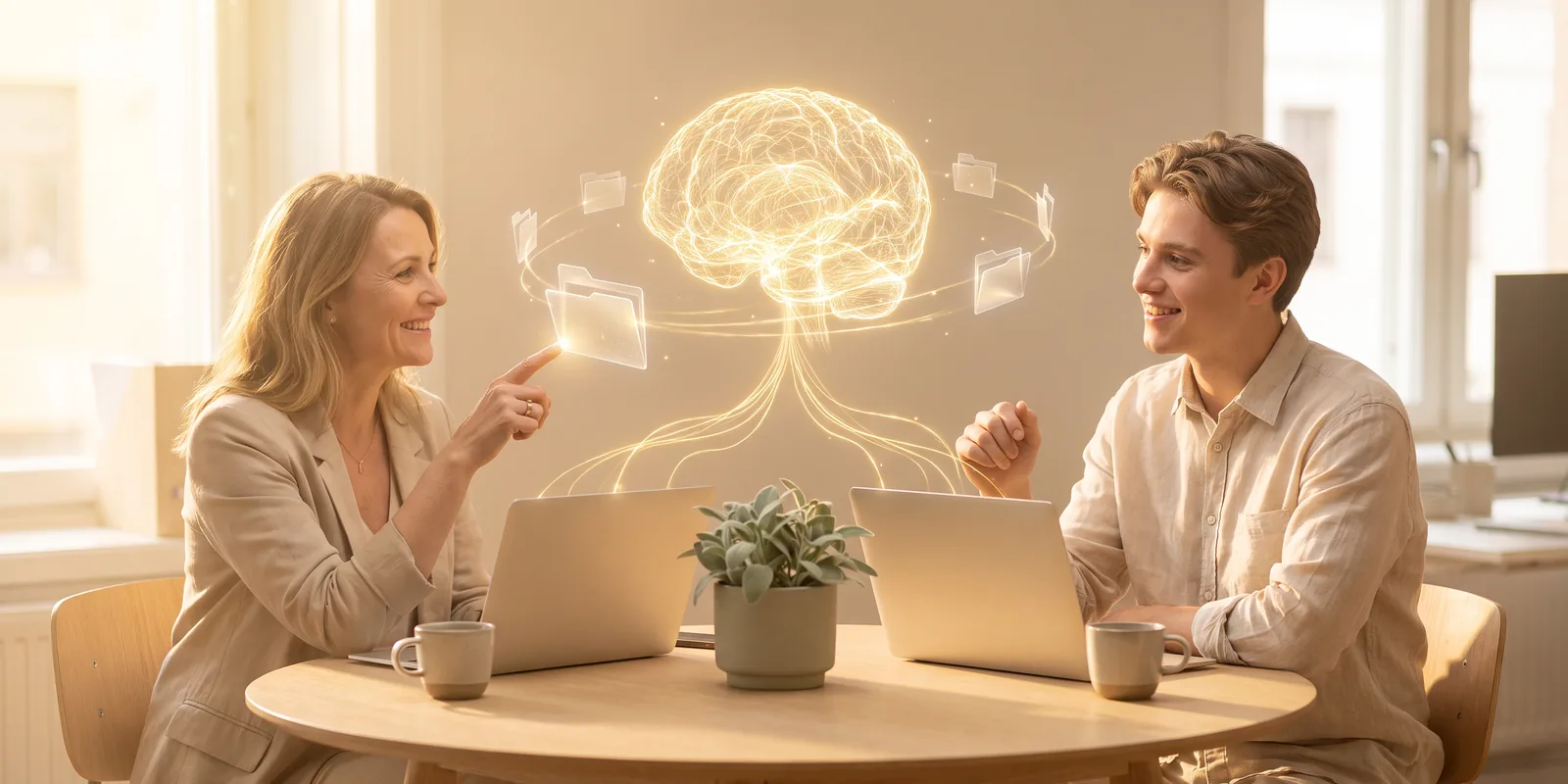 Two coworkers at a round table, smiling, with one glowing brain shared between their two laptops