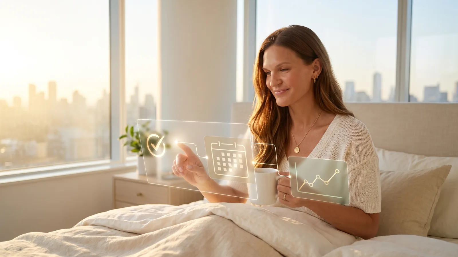 A woman in bed at sunrise with coffee, looking over glowing cards that show a checklist, a calendar and a rising chart