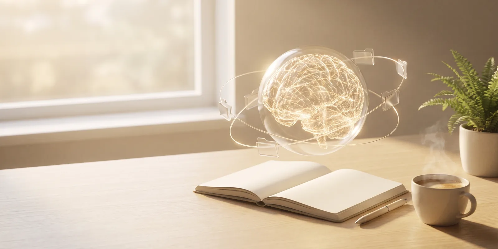 A glowing glass brain with small folders circling it, above an open notebook and a cup of coffee in morning light