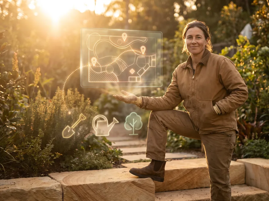 A landscaper in a garden at golden hour beside a glowing garden plan with map pins