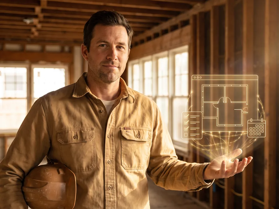 A contractor in a home under renovation holding a glowing floor plan in his hand