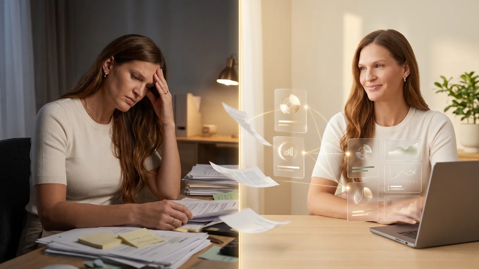 The same woman twice: stressed at a desk buried in paper, then calm at a tidy desk as her papers turn into glowing cards