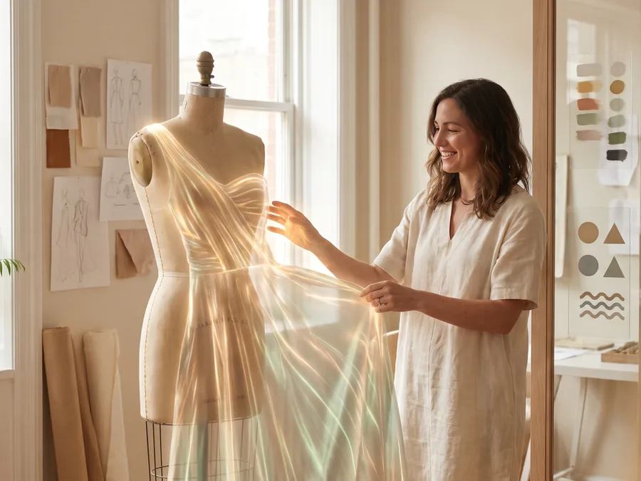 A fashion designer shaping a dress made of light on a dress form