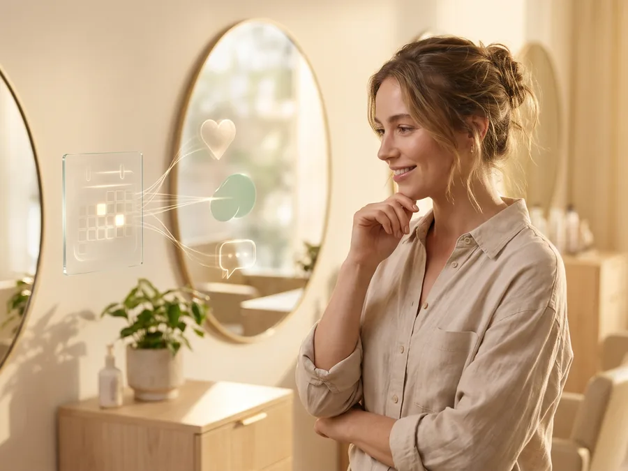 A salon owner by her mirror with glowing calendar and message icons beside her