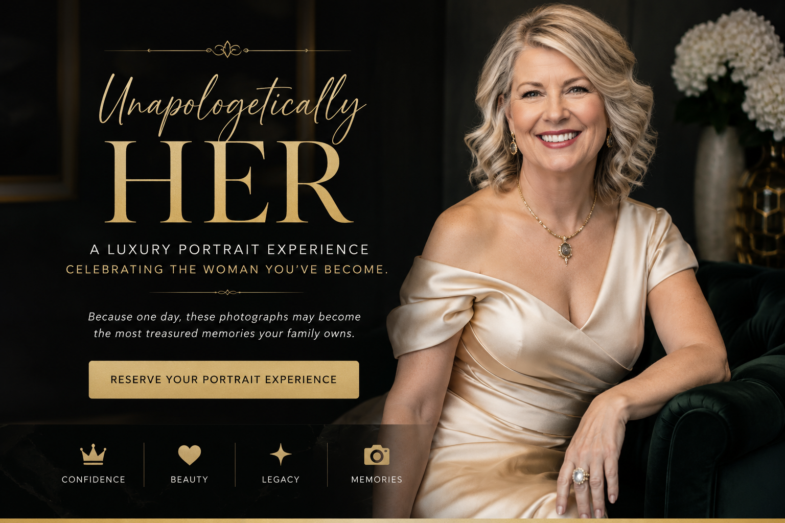 "Elegant portrait of a confident woman in a champagne satin gown for the Unapologetically HER luxury portrait experience by Shadi Ameri Photography in San Diego."