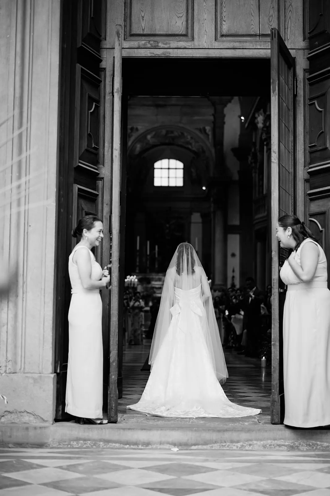 Couple during a religious wedding ceremony inside a historic Italian church