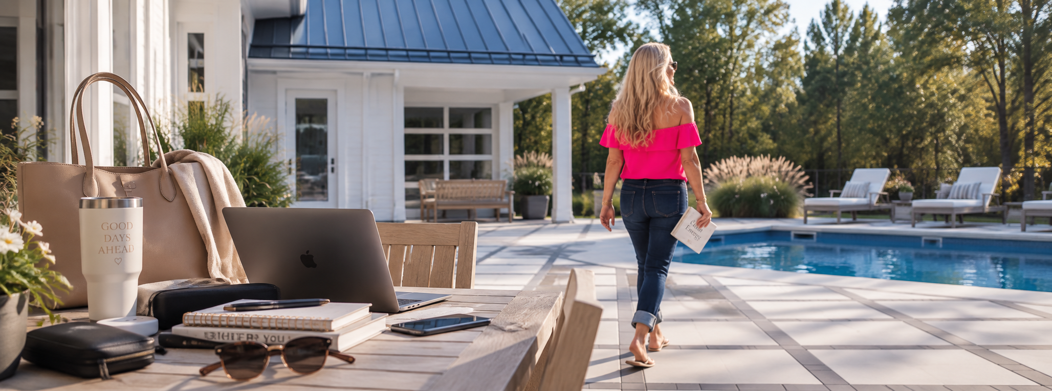 Christie walking across a sunlit terrace toward a pool house