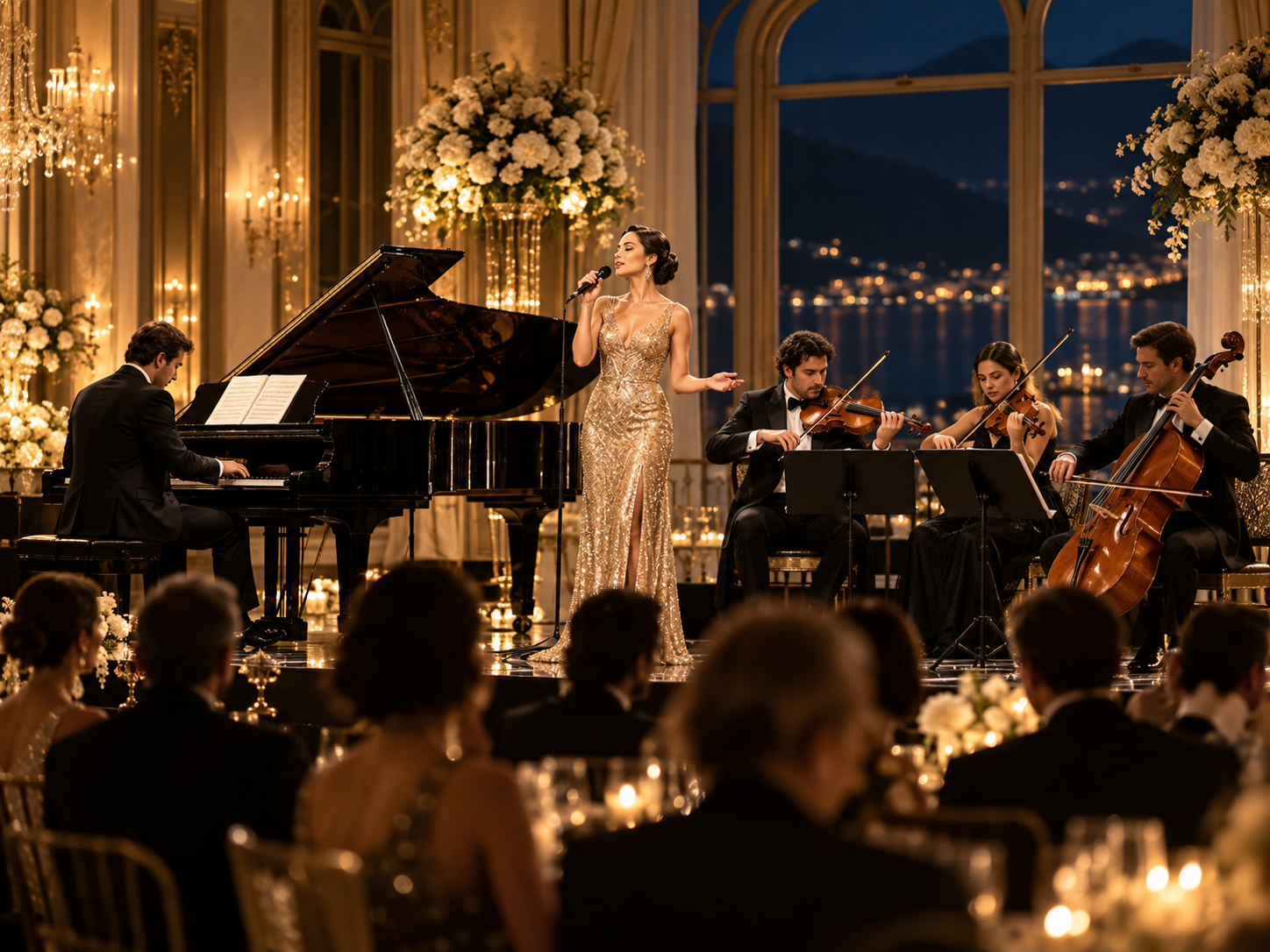 Intimate ballroom concert with vocalist, grand piano and string musicians