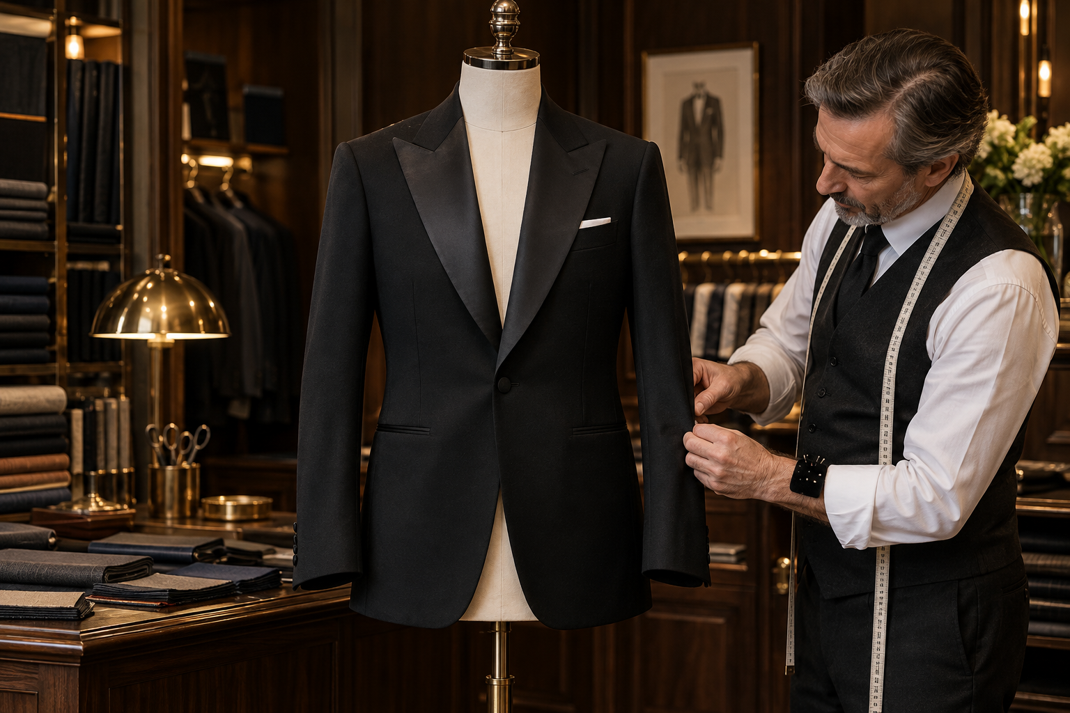 Illustrative black formal jacket on a dress form with a tailor beside it