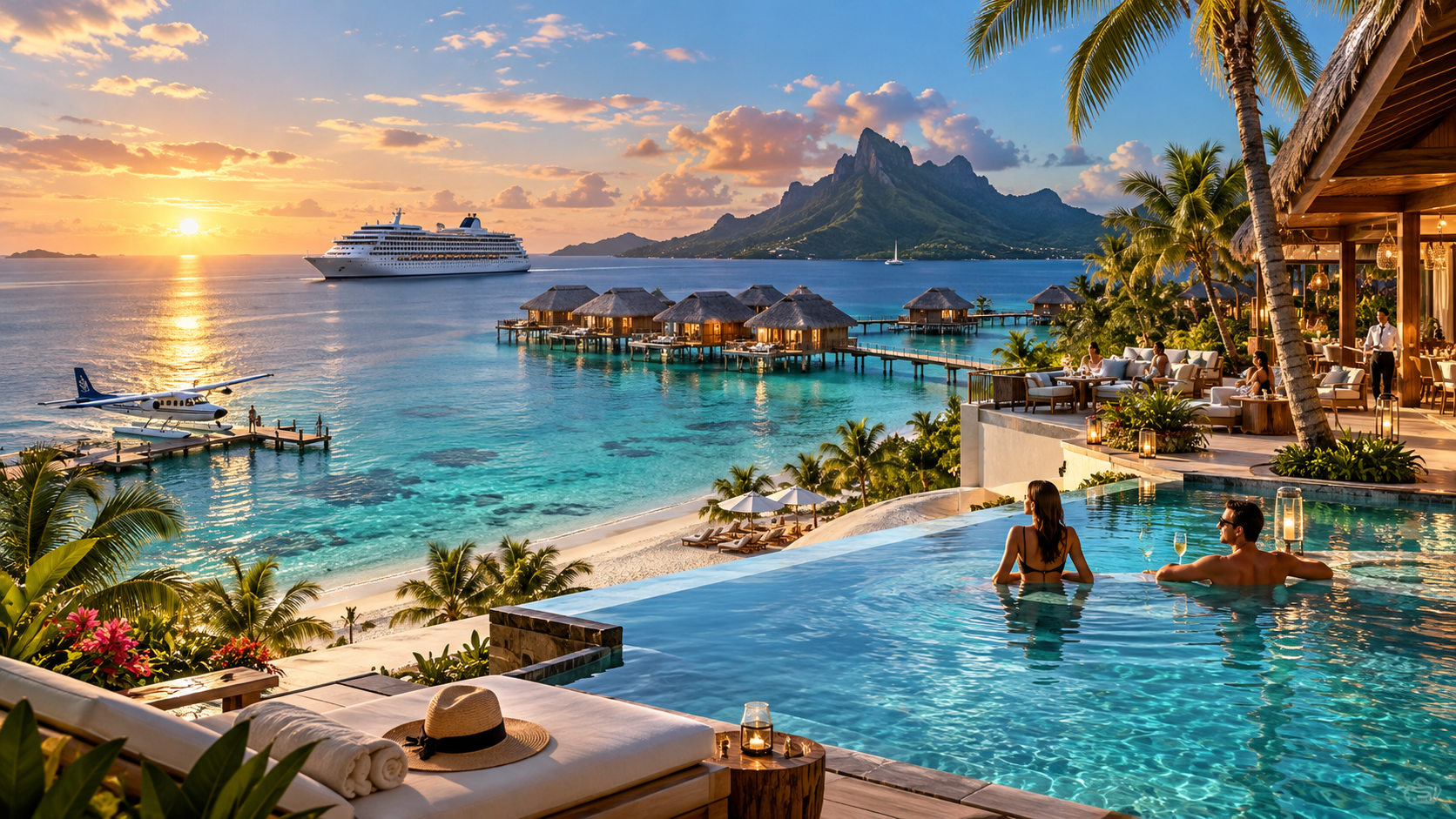 Golden sunset luxury resort with ocean, cruise ship, overwater villas, pools, guests and a small seaplane