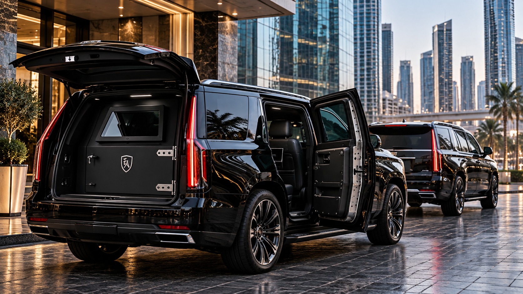 Two black executive SUVs in a city, with an illustrative reinforced door and rear protective partition