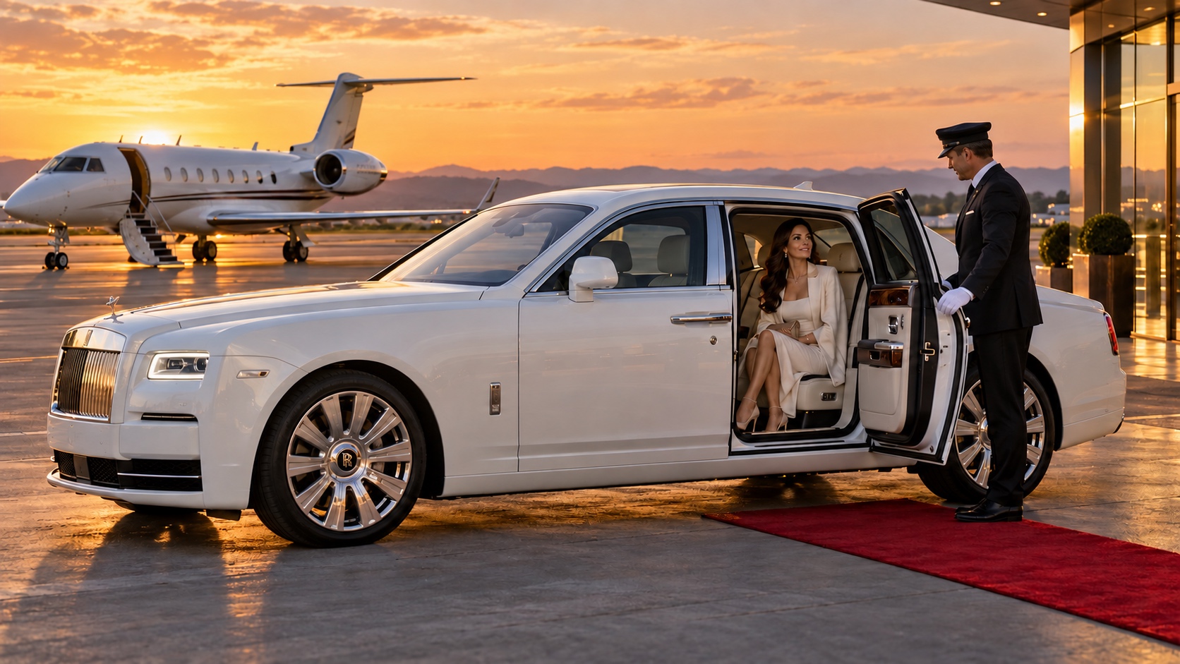 Illustrative VIP airport arrival with a pearl-white luxury sedan, white-gloved chauffeur holding the rear passenger door, guest, red carpet beside the car and a level private jet