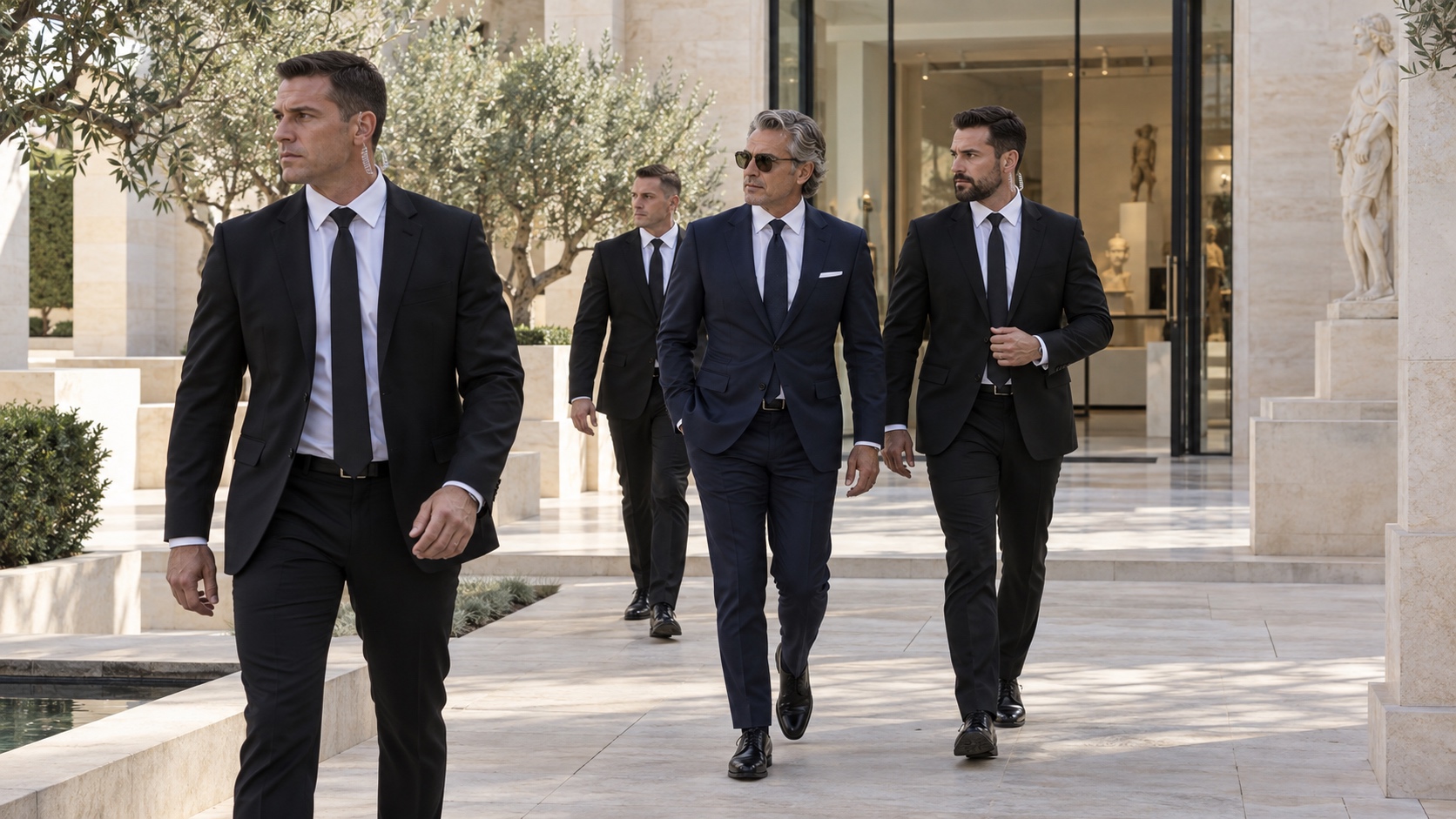 Illustrative discreet executive protection detail in black suits and earpieces escorting a client through an upscale limestone courtyard